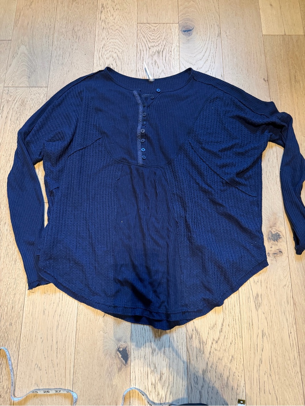 Free People Navy Waffle Henley Long Sleeve Top